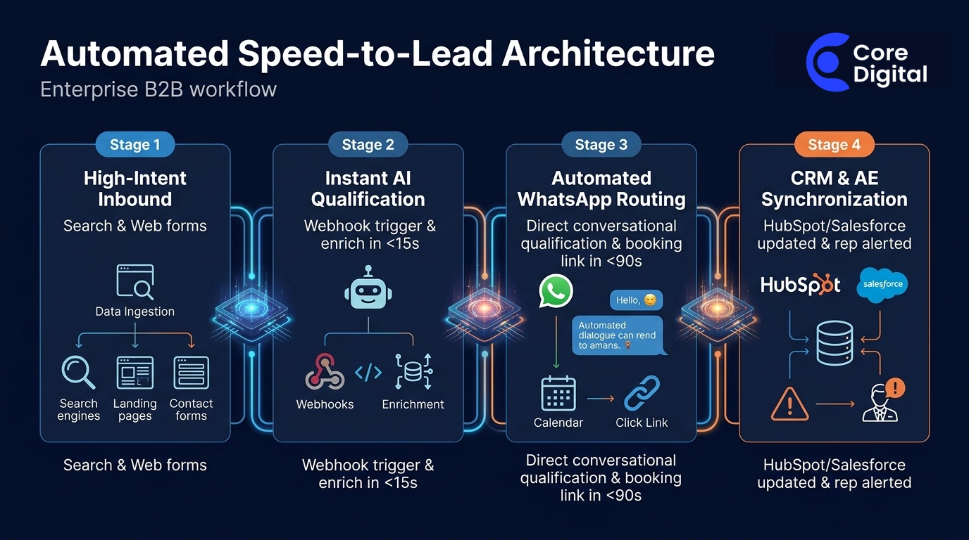 Automated Speed-to-Lead Technical Workflow Architecture - Ingestion, AI Enrichment, WhatsApp API Routing and CRM Sync