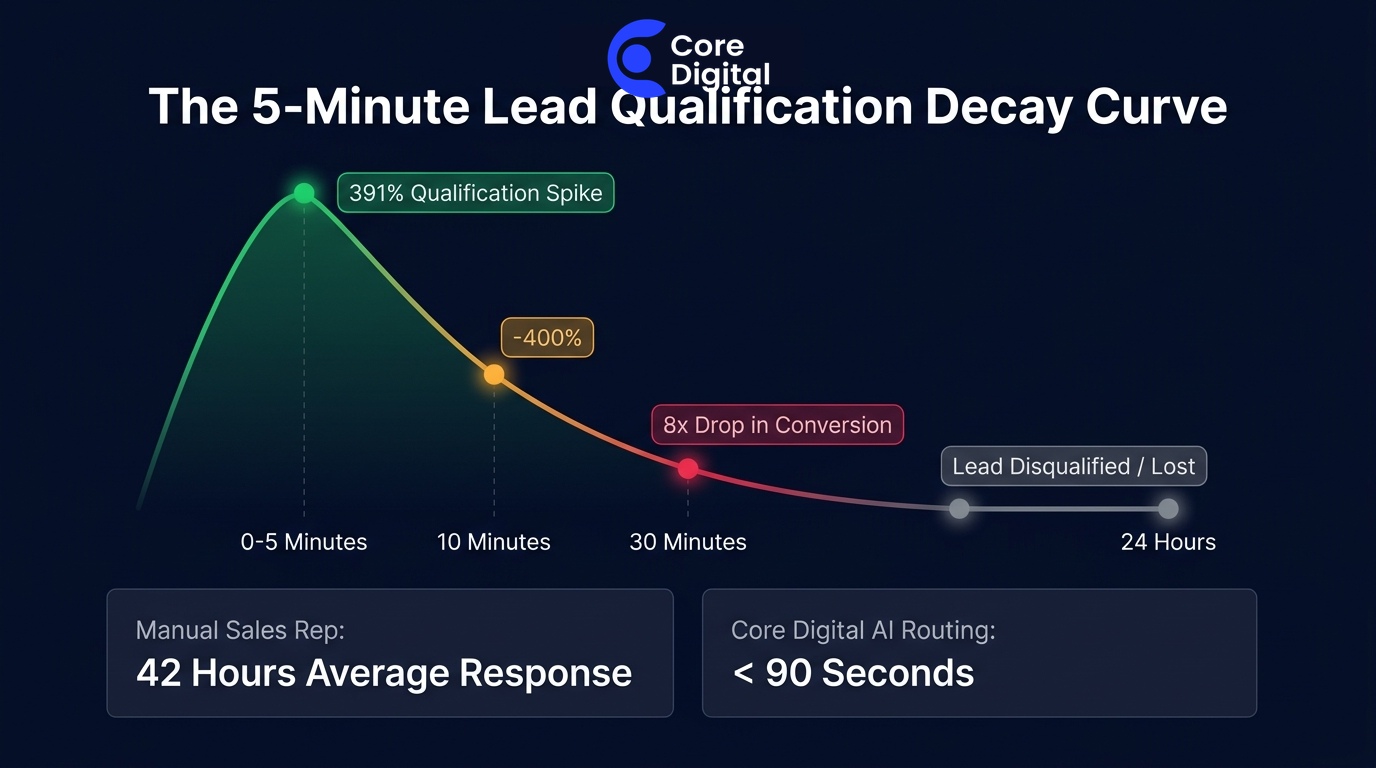The 5-Minute Inbound Lead Qualification Decay Curve Infographic based on Kellogg and HBR Research