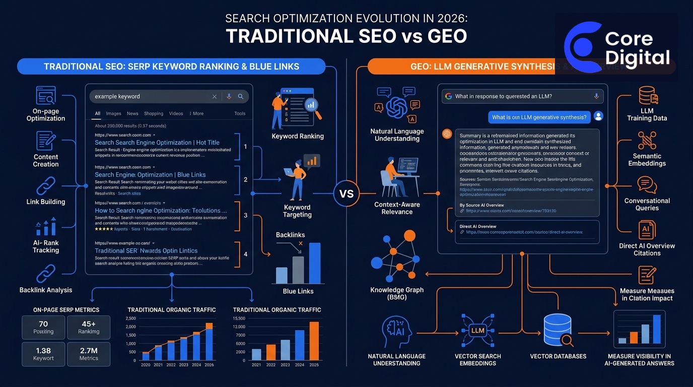 Executive infographic comparing Traditional Search Engine Optimization SERP rankings vs Generative Engine Optimization GEO AI citations in 2026