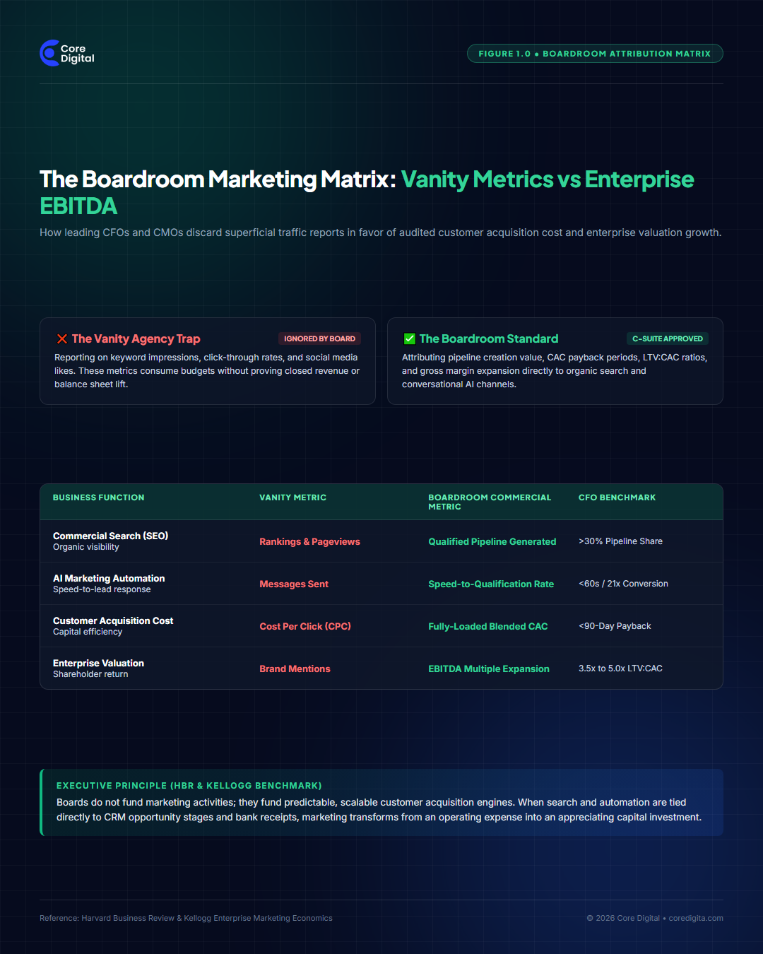 Boardroom Marketing Attribution Matrix Vanity Metrics vs Enterprise EBITDA Core Digital