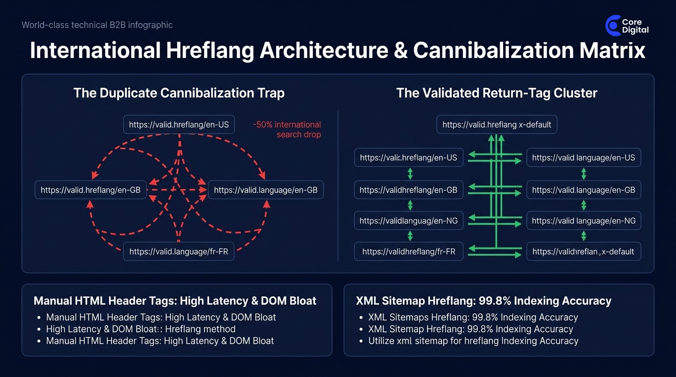 International Hreflang Architecture and Cannibalization Matrix Infographic by Core Digital