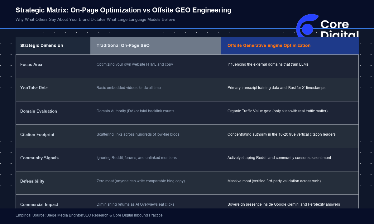 Comparison Matrix On-Page SEO vs Offsite GEO Engineering BrightonSEO
