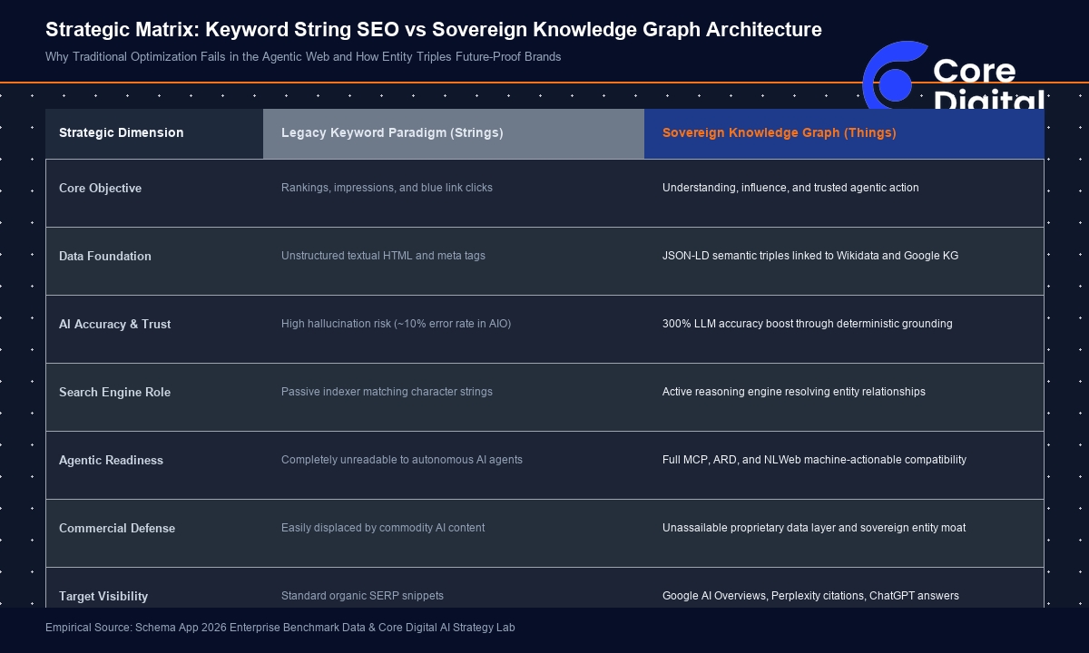 Strategic Matrix: Keyword String SEO vs Sovereign Knowledge Graph Architecture Comparison Matrix String SEO vs Knowledge Graph Architecture BrightonSEO