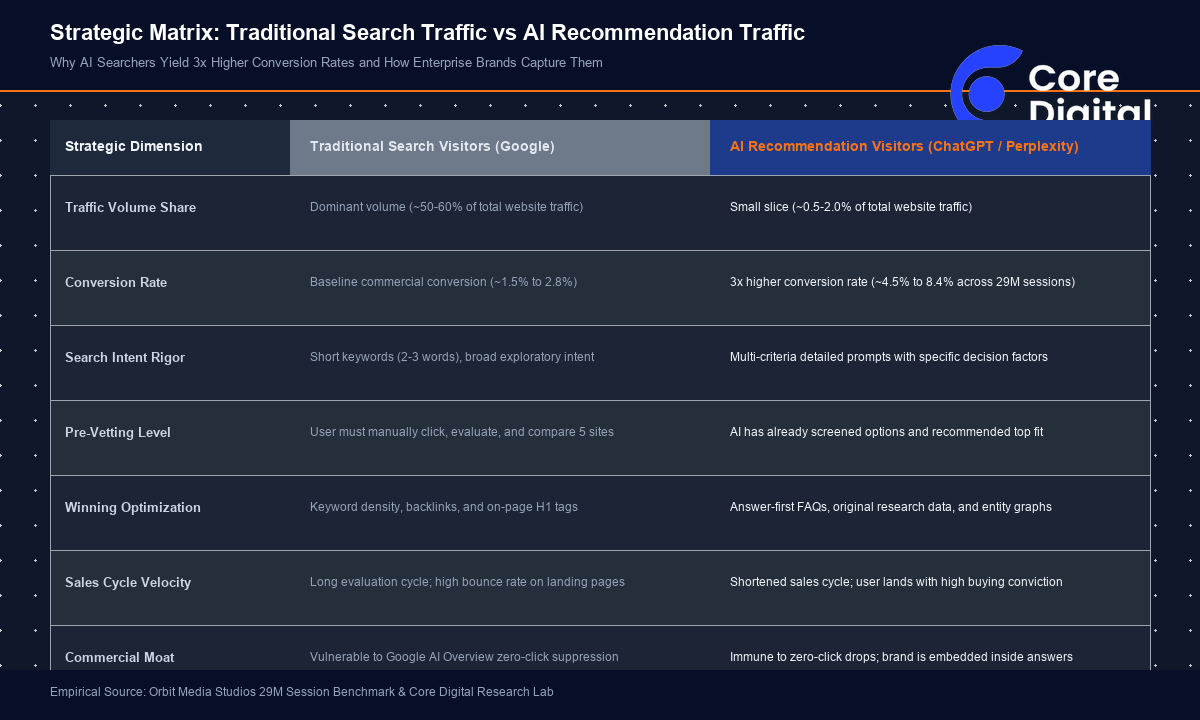 Strategic Matrix: Traditional Search Traffic vs AI Recommendation Traffic Comparison Matrix Search Traffic vs AI Recommendation Traffic BrightonSEO